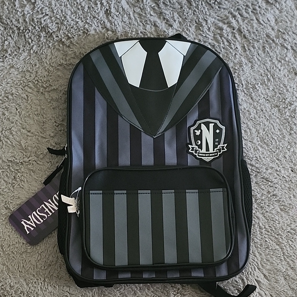 Black and Gray Striped Backpack Nevermore